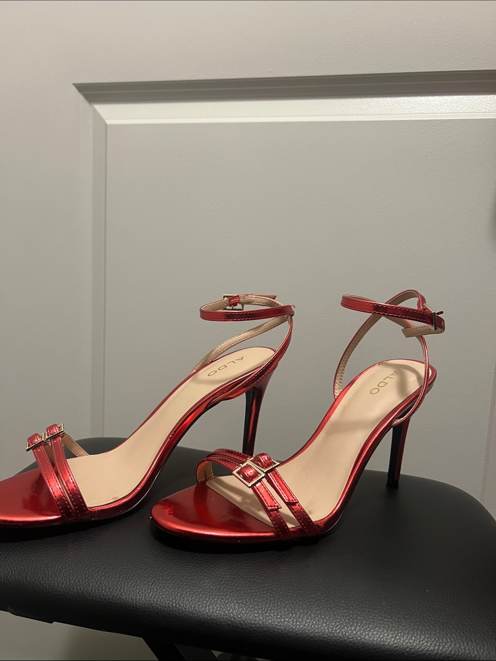 Aldo Metallic Red Ankle-Strap Stiletto Sandals